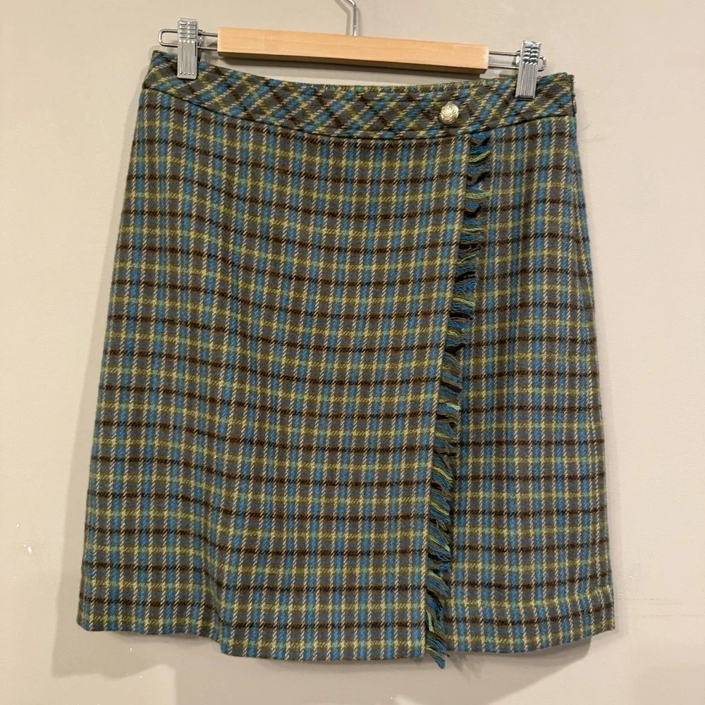 Talbots Blue Green Plaid Wool Faux Wrap Mini Skirt Fall Festival Preppy Size 4